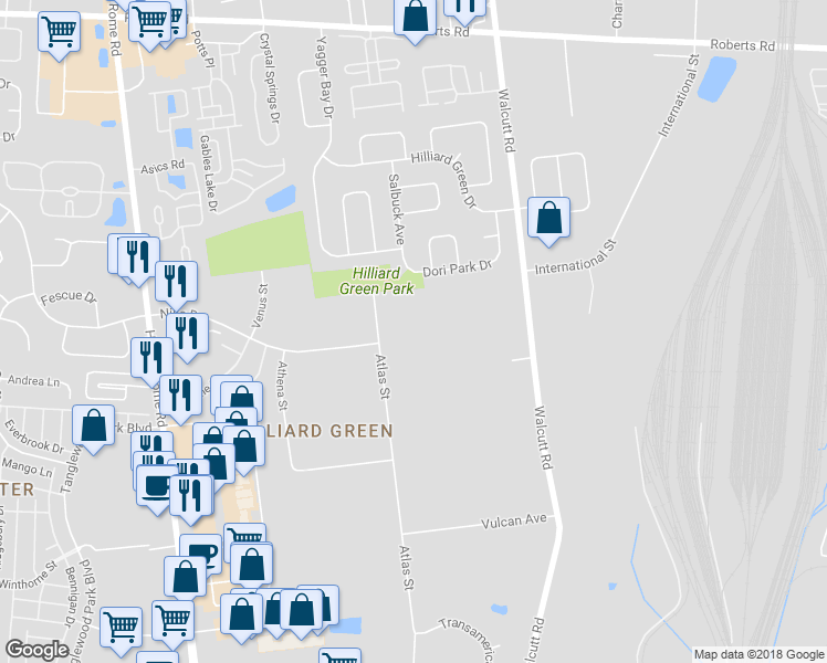 map of restaurants, bars, coffee shops, grocery stores, and more near 2140 Atlas Street in Columbus