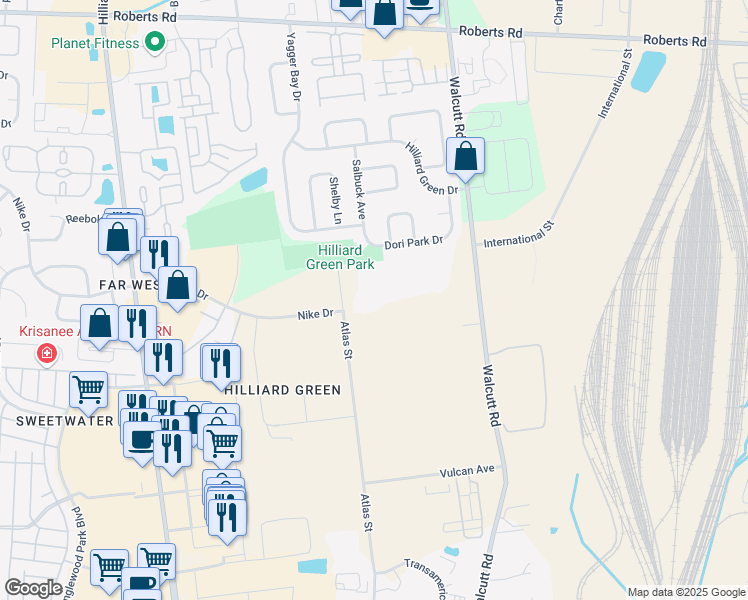 map of restaurants, bars, coffee shops, grocery stores, and more near 2140 Atlas Street in Columbus