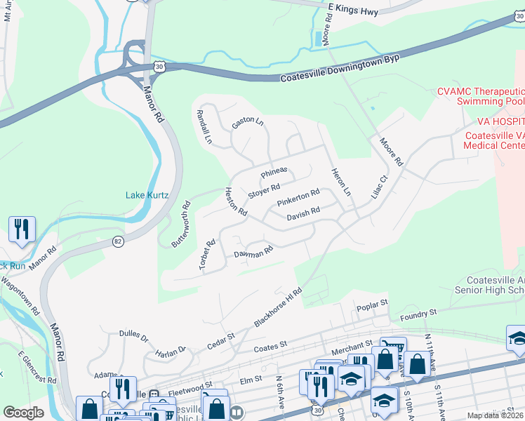 map of restaurants, bars, coffee shops, grocery stores, and more near 112 Pinkerton Road in Coatesville