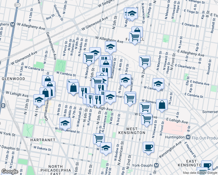 map of restaurants, bars, coffee shops, grocery stores, and more near 2838 North Lawrence Street in Philadelphia