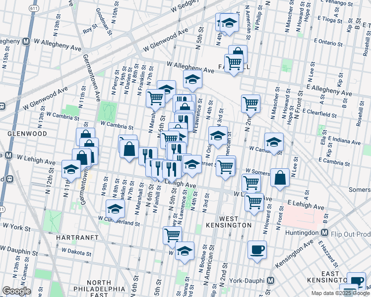 map of restaurants, bars, coffee shops, grocery stores, and more near 2836 North Orkney Street in Philadelphia
