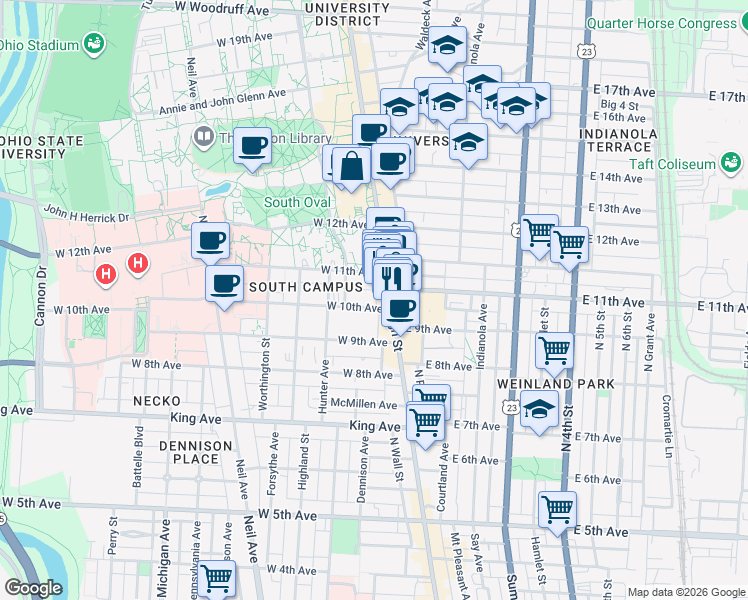 map of restaurants, bars, coffee shops, grocery stores, and more near in Columbus
