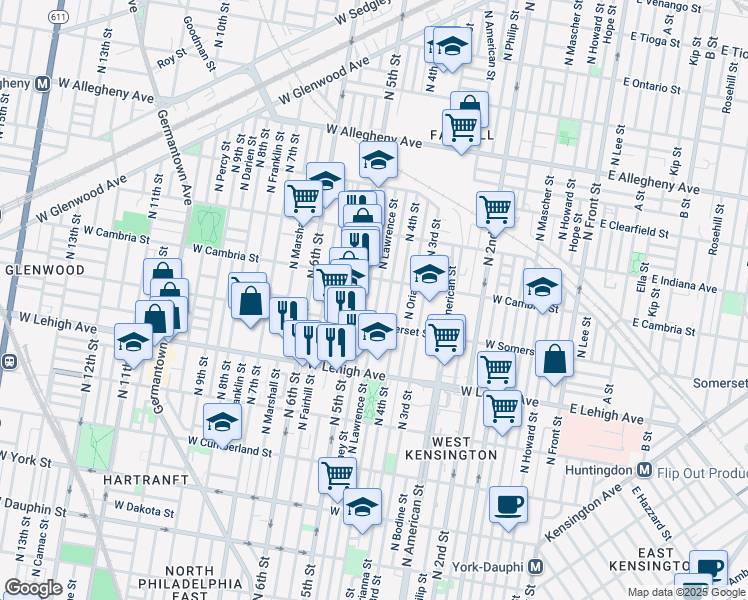 map of restaurants, bars, coffee shops, grocery stores, and more near 2838 North Lawrence Street in Philadelphia