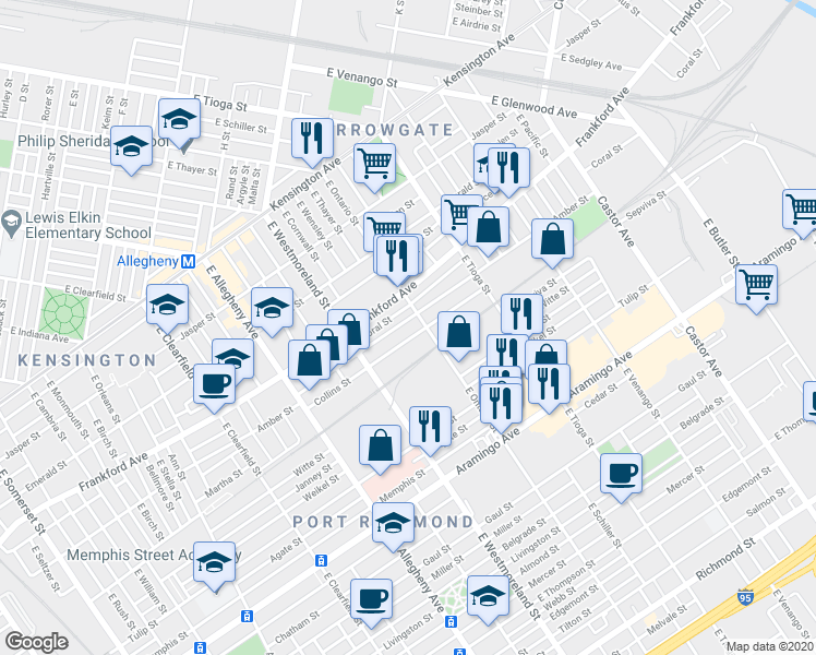 map of restaurants, bars, coffee shops, grocery stores, and more near 3363 Amber Street in Philadelphia