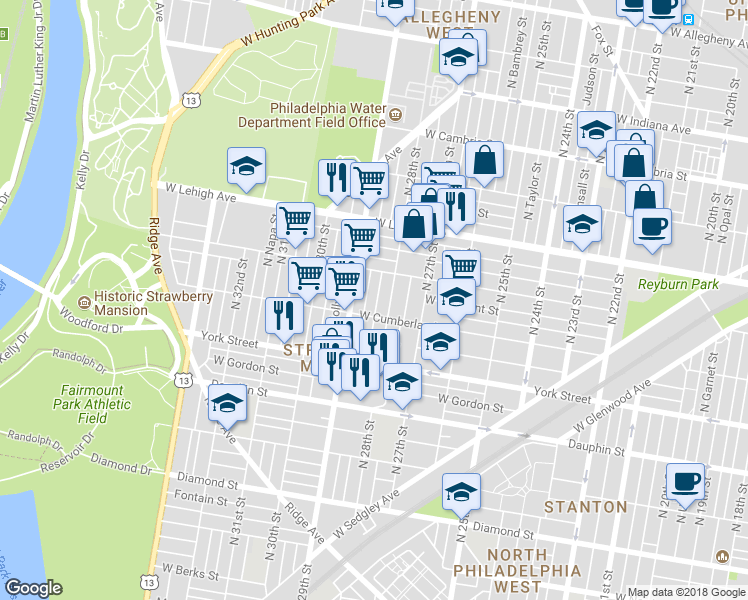 map of restaurants, bars, coffee shops, grocery stores, and more near 2524 North Newkirk Street in Philadelphia