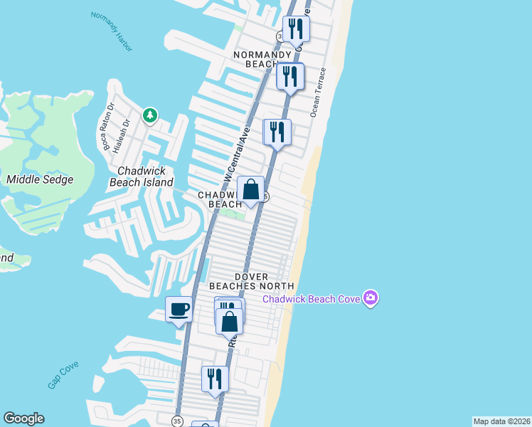 map of restaurants, bars, coffee shops, grocery stores, and more near 68 Barnegat Way in Lavallette