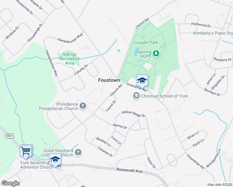 map of restaurants, bars, coffee shops, grocery stores, and more near 1114 Laurel Drive in York