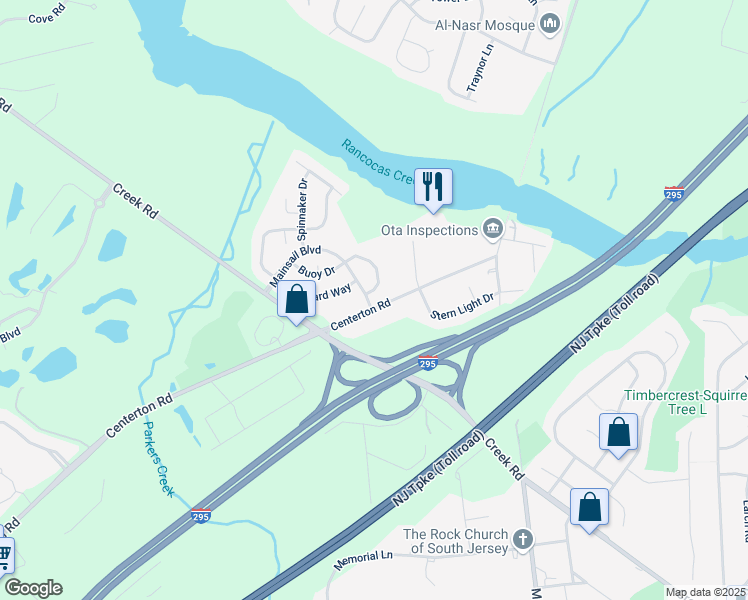 map of restaurants, bars, coffee shops, grocery stores, and more near 2 Compass Circle in Mount Laurel Township