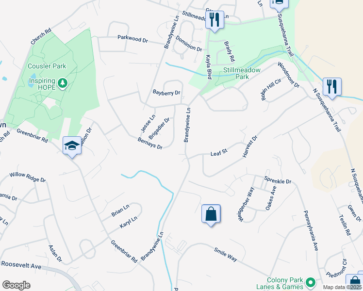 map of restaurants, bars, coffee shops, grocery stores, and more near 2186 Brandywine Lane in York