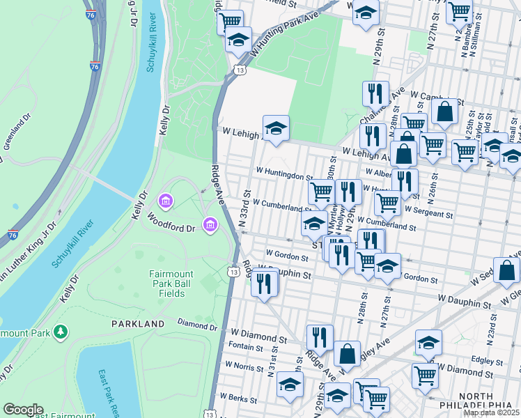 map of restaurants, bars, coffee shops, grocery stores, and more near 2458 North Natrona Street in Philadelphia