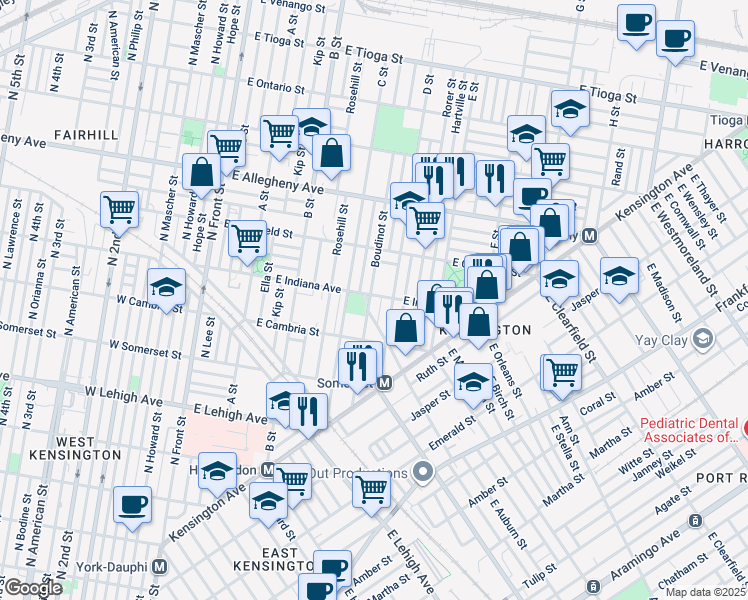 map of restaurants, bars, coffee shops, grocery stores, and more near 436 East Indiana Avenue in Philadelphia