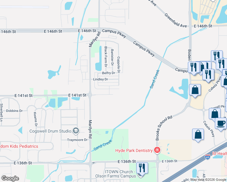 map of restaurants, bars, coffee shops, grocery stores, and more near 12238 East 141st Street in Noblesville