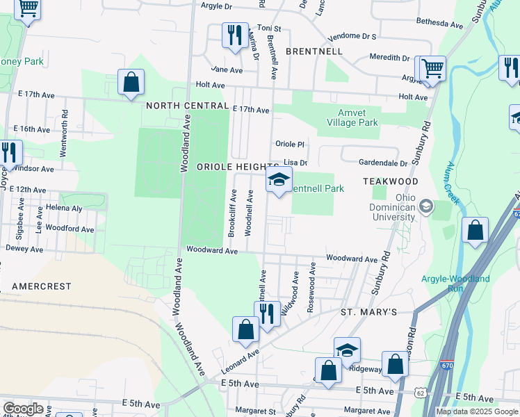map of restaurants, bars, coffee shops, grocery stores, and more near 1265 Brentnell Avenue in Columbus