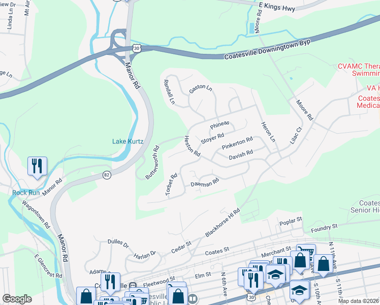 map of restaurants, bars, coffee shops, grocery stores, and more near 100 Haslan Lane in Coatesville