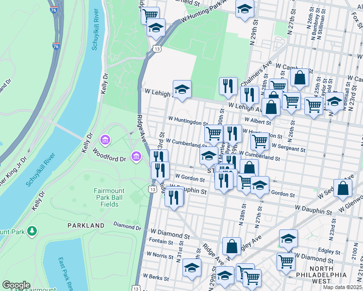 map of restaurants, bars, coffee shops, grocery stores, and more near 2457 North 32nd Street in Philadelphia