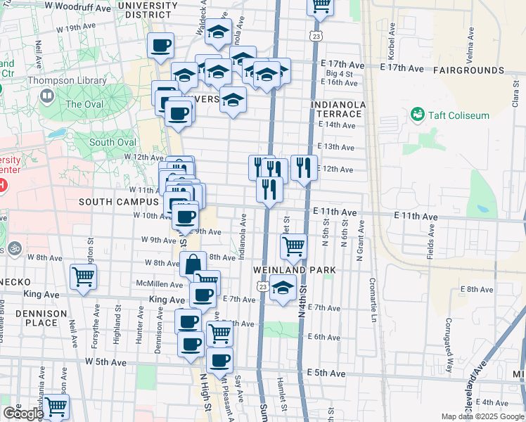 map of restaurants, bars, coffee shops, grocery stores, and more near 1543 Summit Street in Columbus