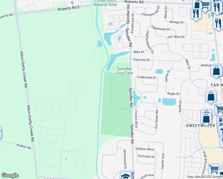 map of restaurants, bars, coffee shops, grocery stores, and more near 1901 Spindler Road in Hilliard