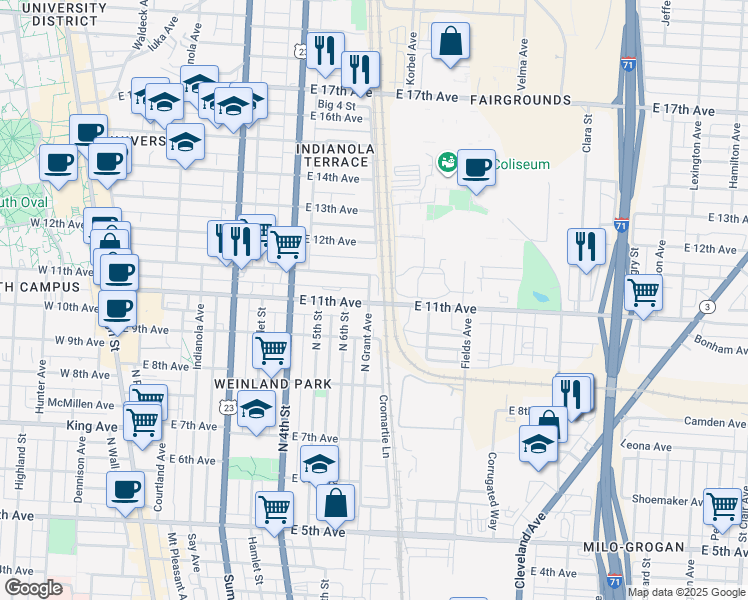 map of restaurants, bars, coffee shops, grocery stores, and more near 1917 East 11th Avenue in Columbus