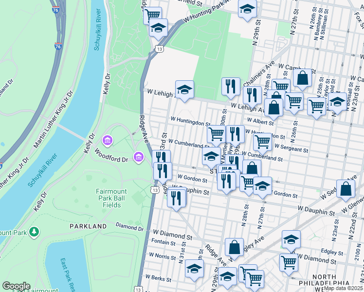 map of restaurants, bars, coffee shops, grocery stores, and more near 2462 North 32nd Street in Philadelphia