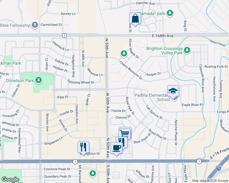 map of restaurants, bars, coffee shops, grocery stores, and more near 5096 Longs Peak Street in Brighton