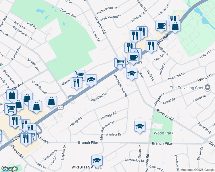 map of restaurants, bars, coffee shops, grocery stores, and more near 799 Westfield Drive in Cinnaminson