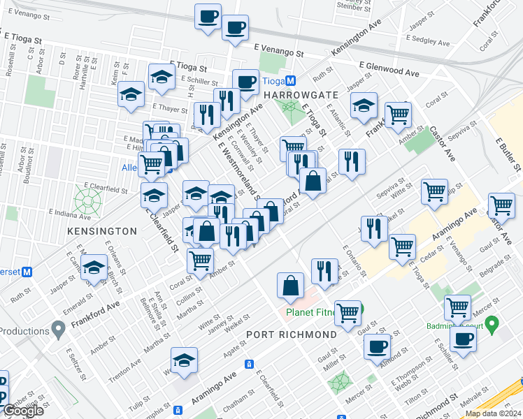 map of restaurants, bars, coffee shops, grocery stores, and more near 3273 Joyce Street in Philadelphia