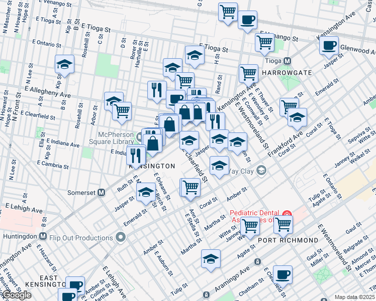 map of restaurants, bars, coffee shops, grocery stores, and more near 1810 East Clearfield Street in Philadelphia