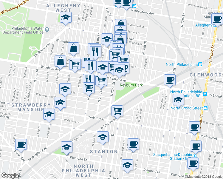 map of restaurants, bars, coffee shops, grocery stores, and more near 2618 North 22nd Street in Philadelphia