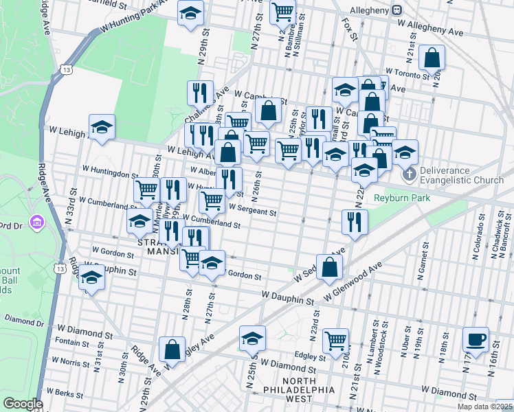 map of restaurants, bars, coffee shops, grocery stores, and more near 2539 North 26th Street in Philadelphia