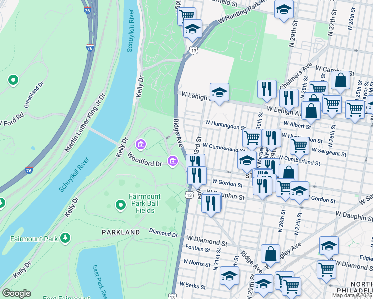 map of restaurants, bars, coffee shops, grocery stores, and more near 2444 North 33rd Street in Philadelphia