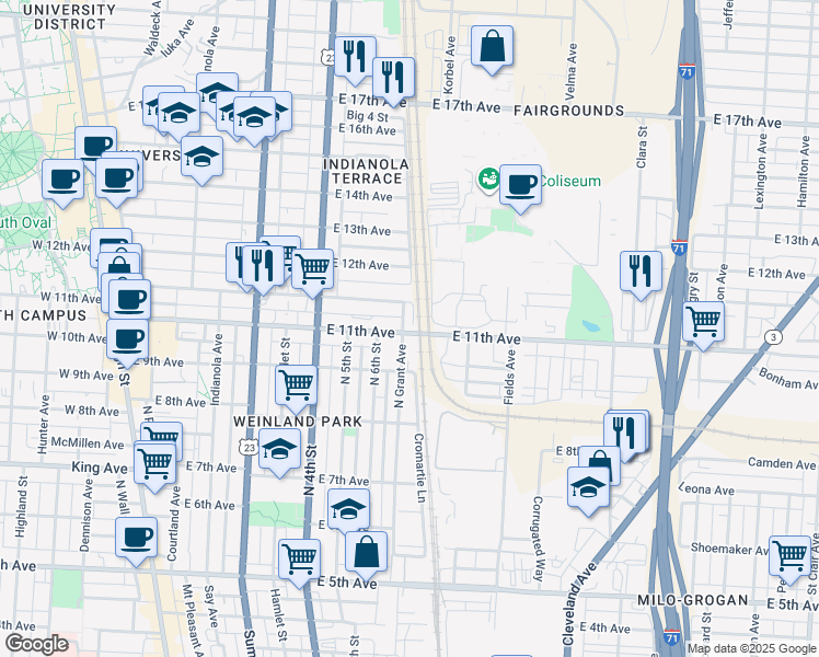 map of restaurants, bars, coffee shops, grocery stores, and more near 1917 East 11th Avenue in Columbus