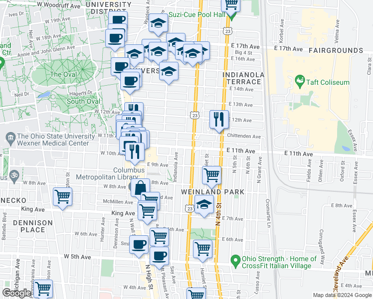 map of restaurants, bars, coffee shops, grocery stores, and more near in Columbus