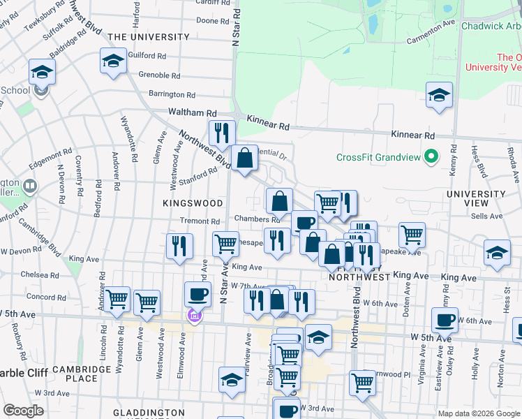 map of restaurants, bars, coffee shops, grocery stores, and more near 1802 Kings Court in Columbus