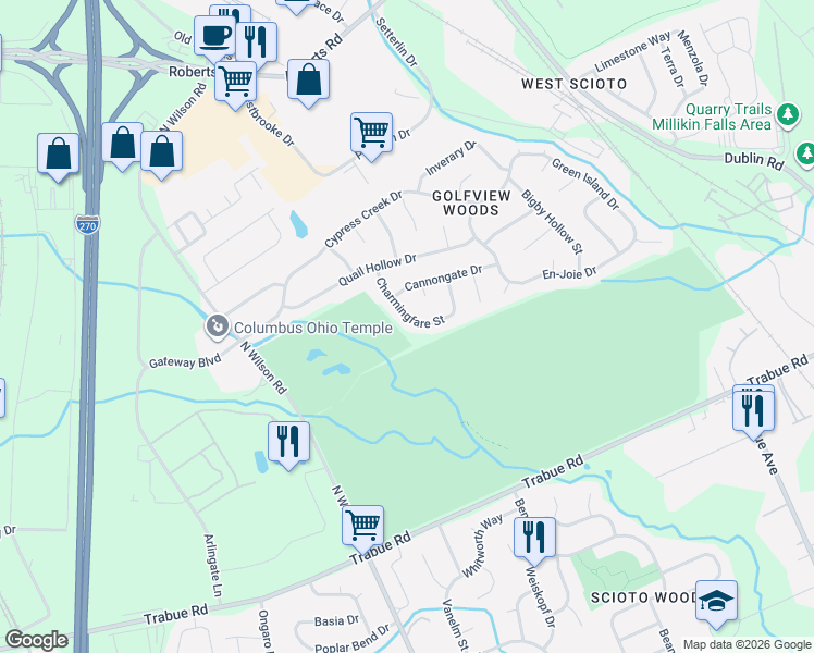 map of restaurants, bars, coffee shops, grocery stores, and more near 2005 Charmingfare Street in Columbus