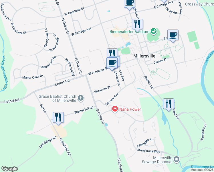 map of restaurants, bars, coffee shops, grocery stores, and more near 1 Windsor Court in Millersville