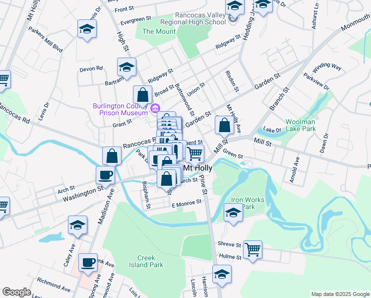 map of restaurants, bars, coffee shops, grocery stores, and more near in Burlington County