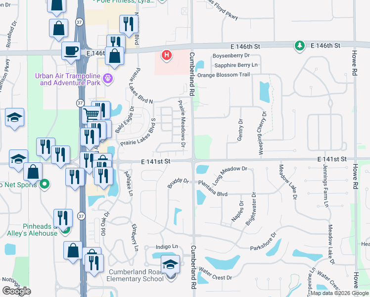 map of restaurants, bars, coffee shops, grocery stores, and more near 9768 Prairie Smoke Drive in Noblesville