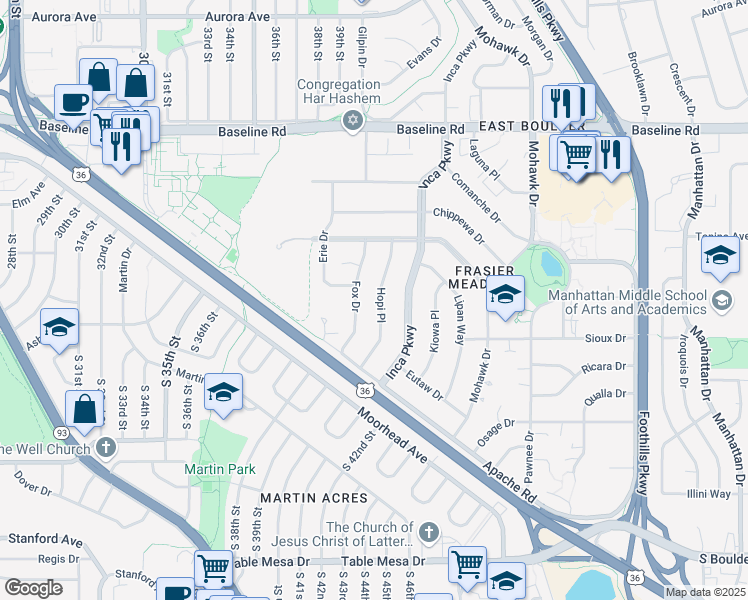 map of restaurants, bars, coffee shops, grocery stores, and more near 315 Hopi Place in Boulder