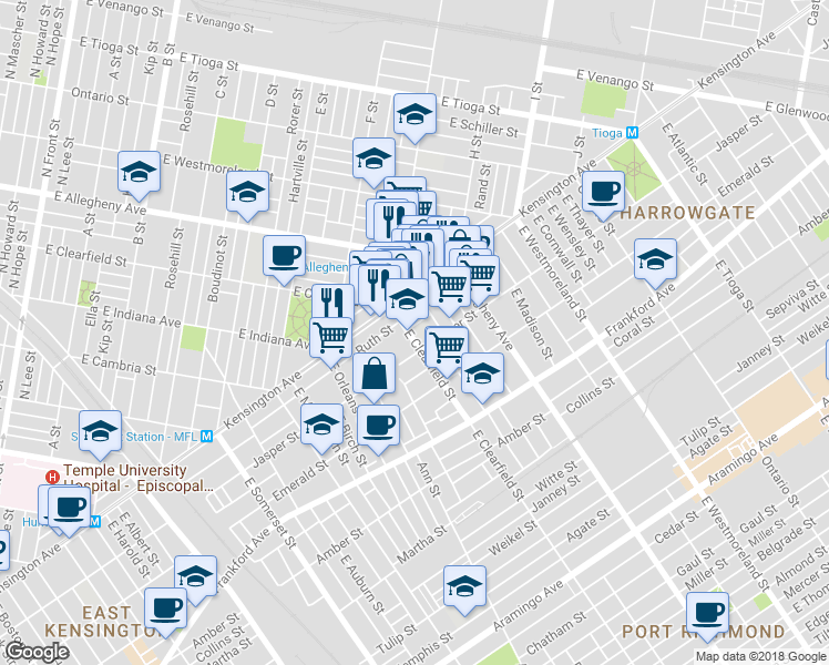 map of restaurants, bars, coffee shops, grocery stores, and more near 1829 East Clearfield Street in Philadelphia