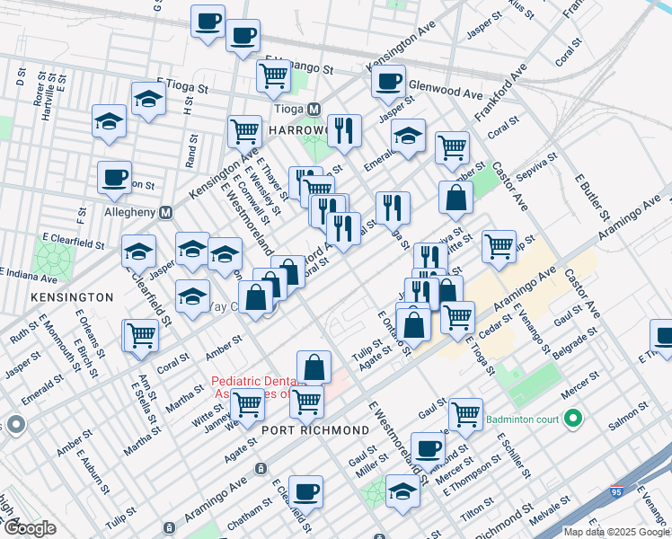 map of restaurants, bars, coffee shops, grocery stores, and more near 3363 Amber Street in Philadelphia
