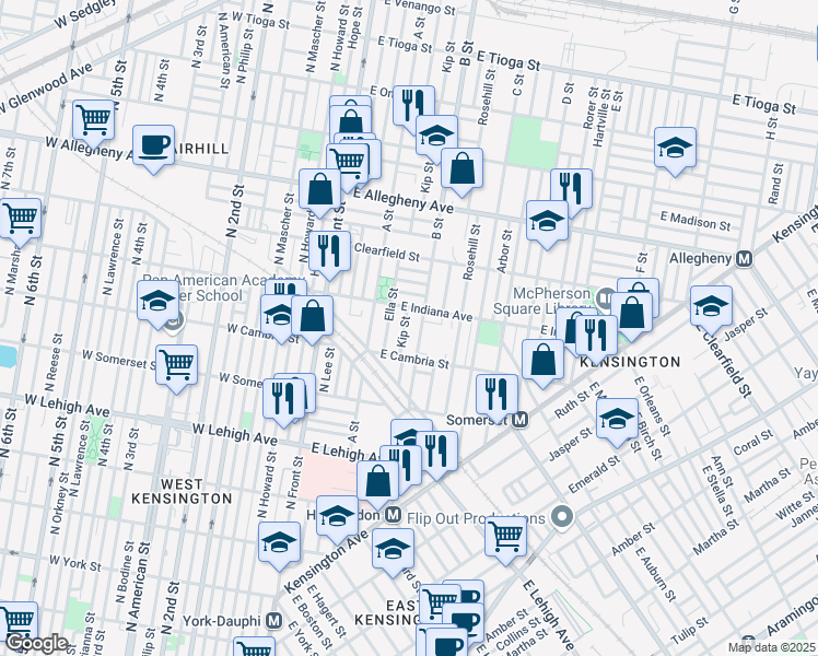 map of restaurants, bars, coffee shops, grocery stores, and more near 2937 Kip Street in Philadelphia