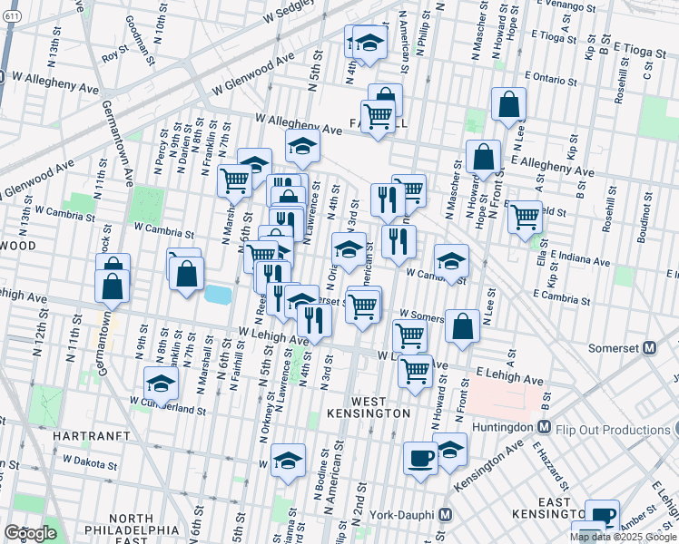map of restaurants, bars, coffee shops, grocery stores, and more near 2846 North 3rd Street in Philadelphia