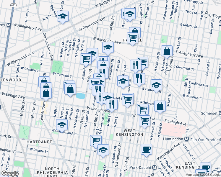 map of restaurants, bars, coffee shops, grocery stores, and more near 2848 North Leithgow Street in Philadelphia