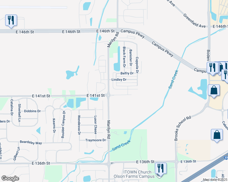 map of restaurants, bars, coffee shops, grocery stores, and more near 12090 East 141st Street in Noblesville