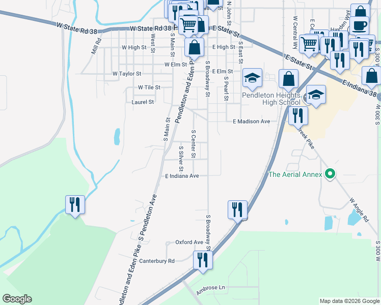 map of restaurants, bars, coffee shops, grocery stores, and more near 628 South Center Street in Pendleton