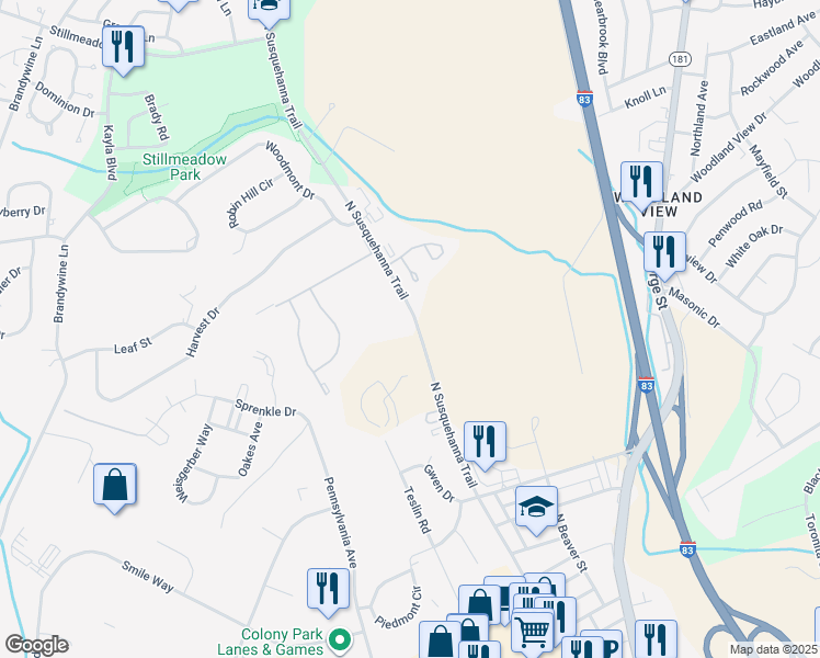 map of restaurants, bars, coffee shops, grocery stores, and more near 2260 North Susquehanna Trail in York