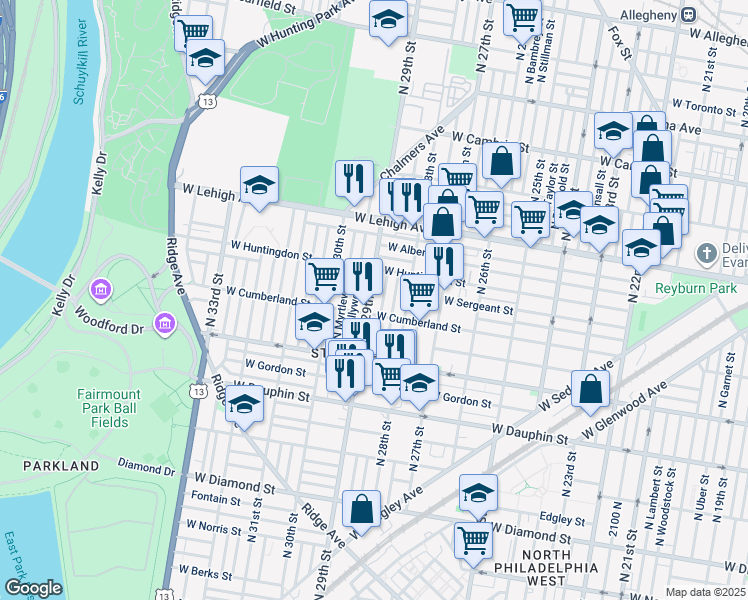 map of restaurants, bars, coffee shops, grocery stores, and more near 2519 North 29th Street in Philadelphia