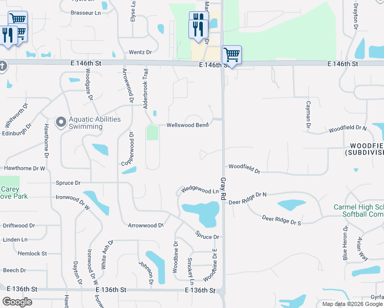 map of restaurants, bars, coffee shops, grocery stores, and more near 14300 Oakbrook Court in Carmel