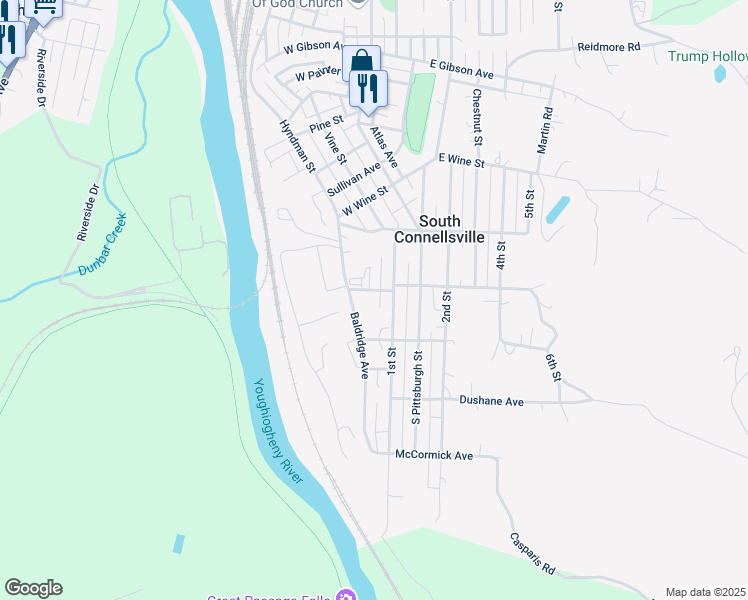 map of restaurants, bars, coffee shops, grocery stores, and more near 207 Yough Avenue in Connellsville