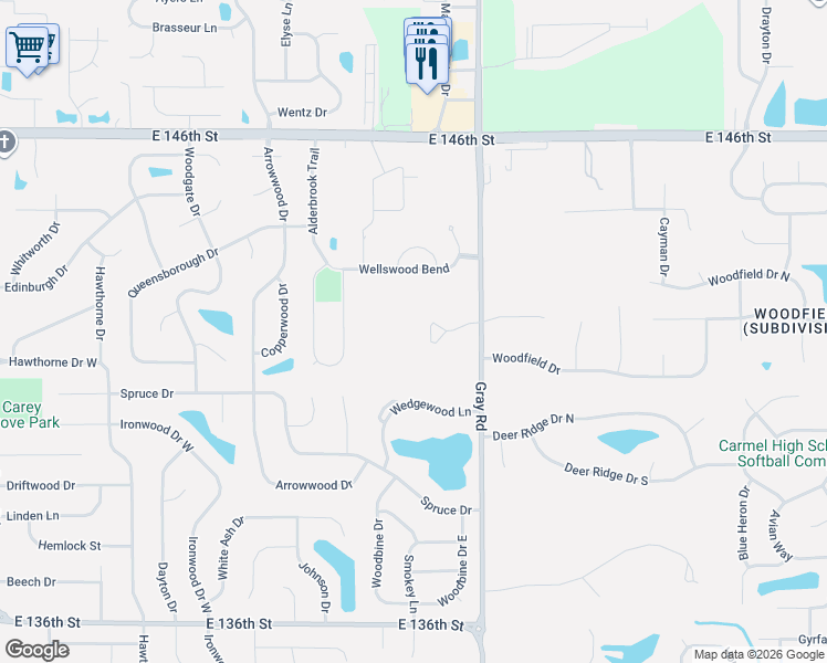 map of restaurants, bars, coffee shops, grocery stores, and more near 14300 Oakbrook Court in Carmel